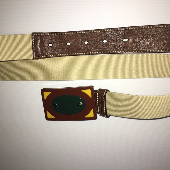 Miu Miu Tan Brown Canvas & Leather Belt with Multi Colour Buckle Vintage - Picture 2 of 3